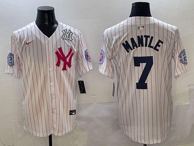 Men New York Yankees 7 Mantle White Stripe Jointly Name Nike 2025 MLB Jersey style 6
